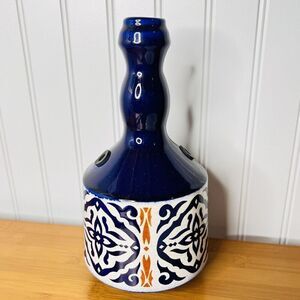 Vintage Israel Hand Painted Floral Pottery Bud Vase Blue White Orange MCM Style